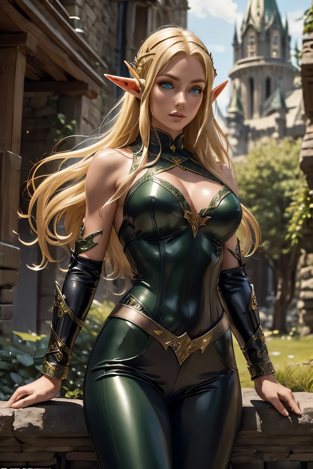 medieval setting, full view of body, (detailed elf ear, 1 woman, elven featured face, beautiful green eyes, blonde hair), leather armor, black leather pants, 