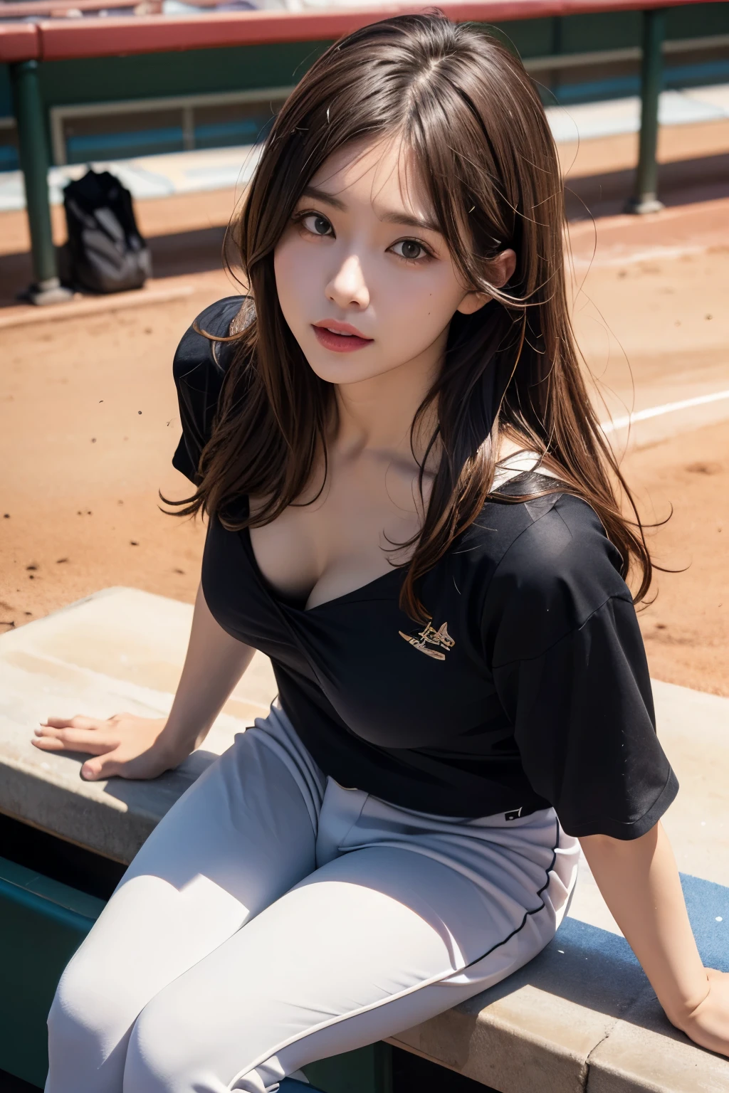 (8k, RAW Photo, Best Picture Quality, Masterpiece:1.4), (Realistic, Photorealistic:1.3), Natural, Ultra High Quality, Super Detail, Sharp Focus, Bokeh, Glossy, Depth of Field, BREAK 1 woman, Japanese, milf, (50yo:1.5),long hair, (light brown hair:1.2), black eyes,T-shirt,looking away,
BREAK
(down blouse:1.4), ((nipples, nsfw):0.4), (small breasts:1.1), (woman sitting in bleachers at baseball stadium:1.5), (top view:1.4), (baseball stadium spectator seat:1.2), (perfect anatomy:1.2) BREAK