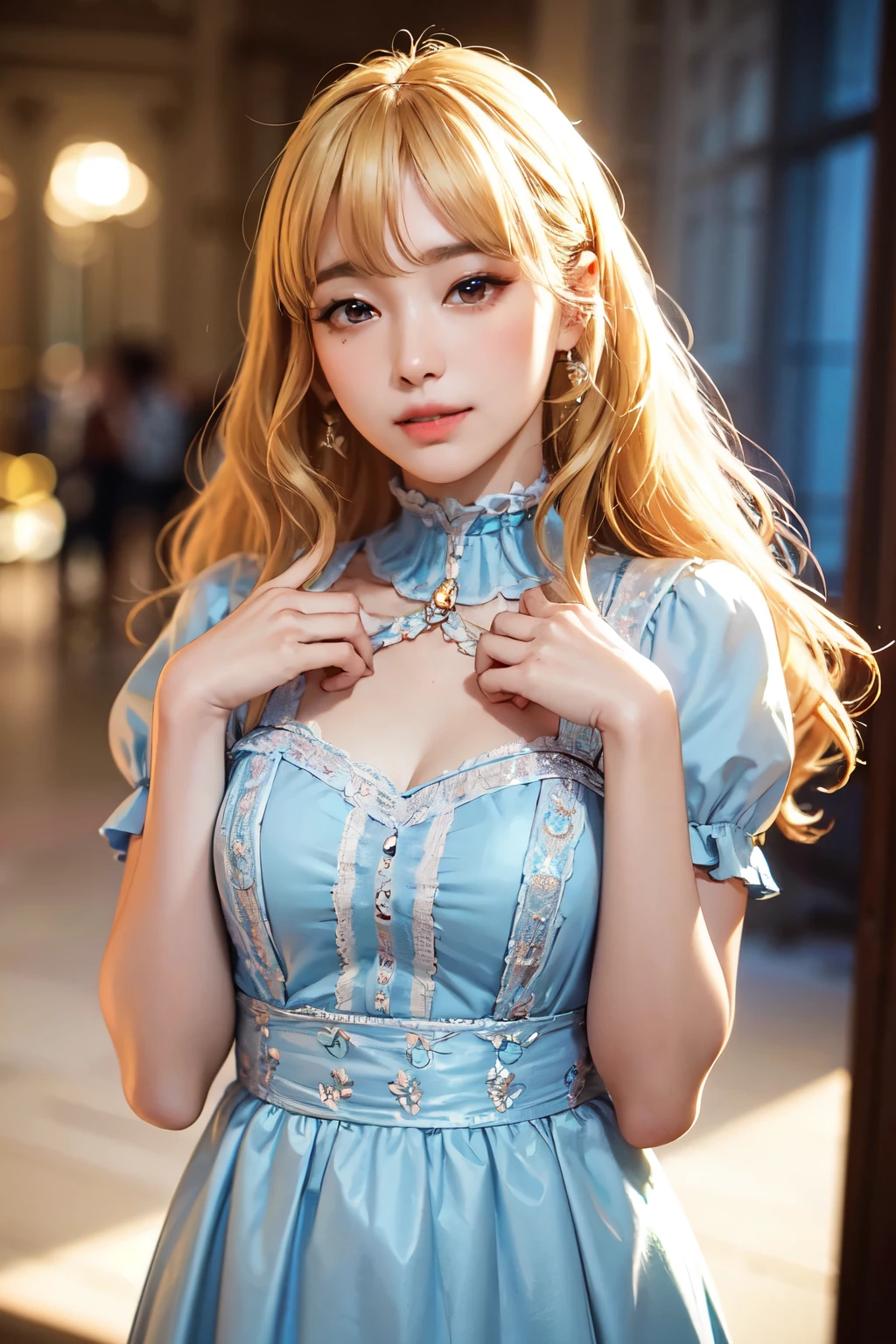 （In 8K, best quality, muste piece:1.2)、ultra high resolution、light blue dress,Beautiful woman in intricate vintage victorian costume,professional writing,Flat bangs,ultra-detailed face,cute eyes,symmetrical eyes,double eyelid,long eyelashes,detailed hand fingers,whole body,Are standing,blonde、curly hair、Palace of Versailles