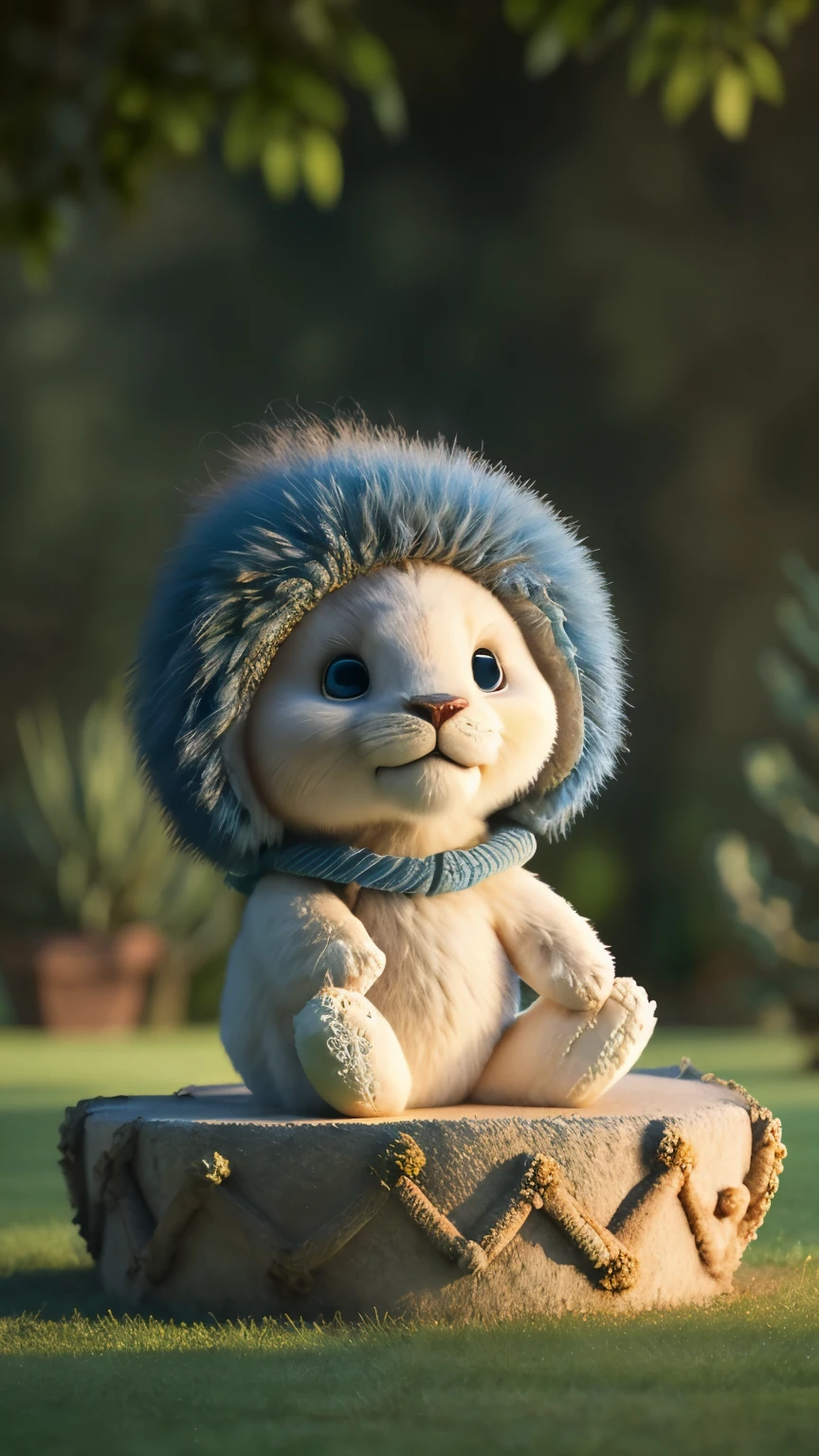 (masterpiece, Award-winning, best quality, high resolution) 3D illustration, 1 cute little lion with long hair, The whole lion blue,Sitting on the green lawn
