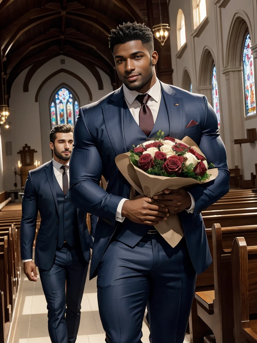 8k，8K resolution，2 Muscular Europeans, handsome man，charming eyes，dark skin,beautiful, smooth and shiny，Full muscles，Thick body hair， (wearing a stylish suit)，big bag，emphasize，2 men holding roses in church and smiling happily，There are many flowers in the church，professional lighting，Professional photography，Realistic photos，realistic model，realistic art