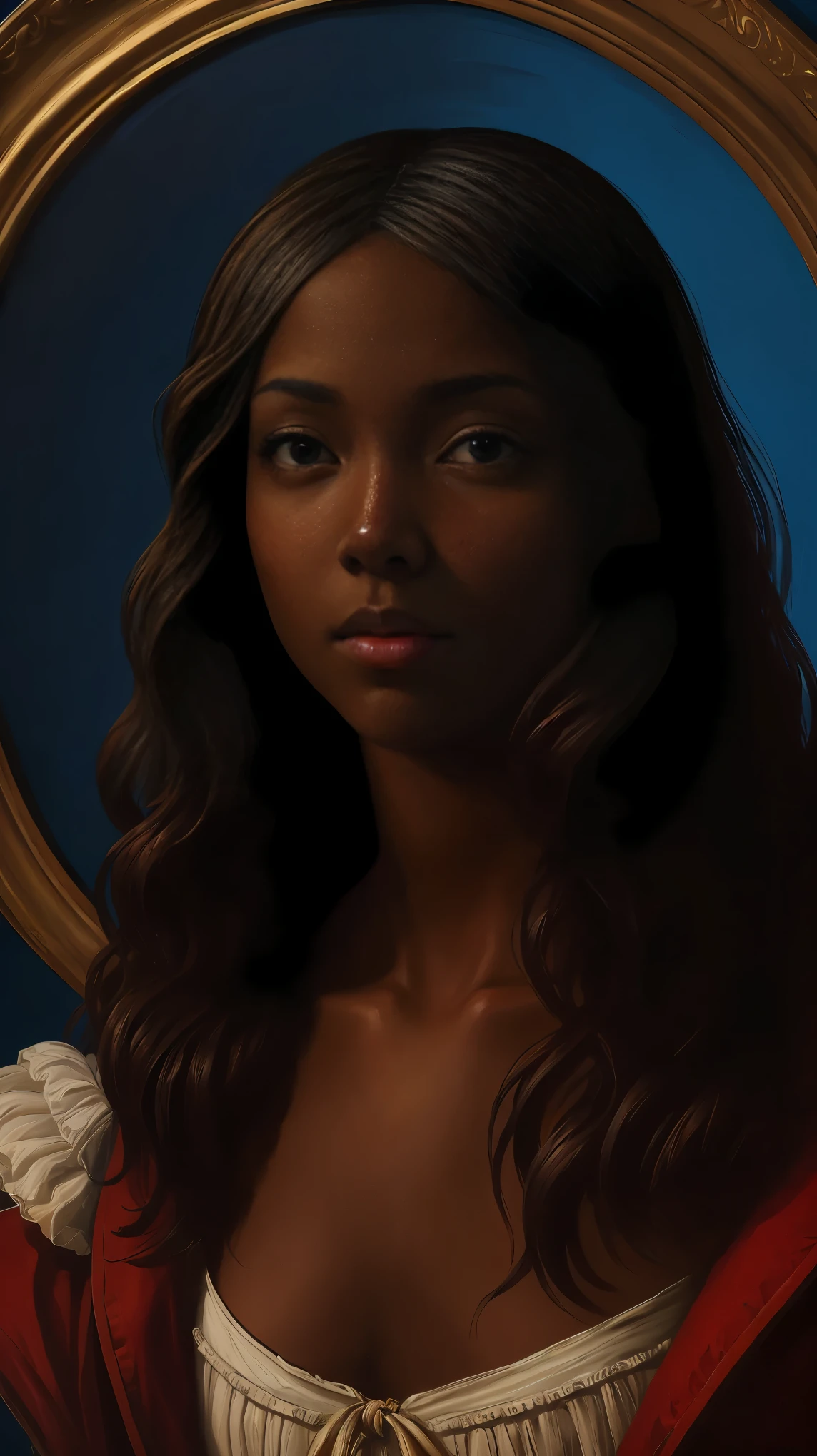 oil painting by Leonardo da Vinci, realistic portrait, closeup face of Gabrielle Union with dark skin, ebony nose, long hair, her eyes are sweet and vibrant, her face symmetrical, rich coffee brown skin, softly lit luminosity on the face by REMBRADT, sitting position, Adobe Illustration, Trending on Artstation, 8K, hd, cinematic, masterpiece, magnificent art, best quality, romanticism Renaissance period, oil on canvas, rich blue background, matte finish 