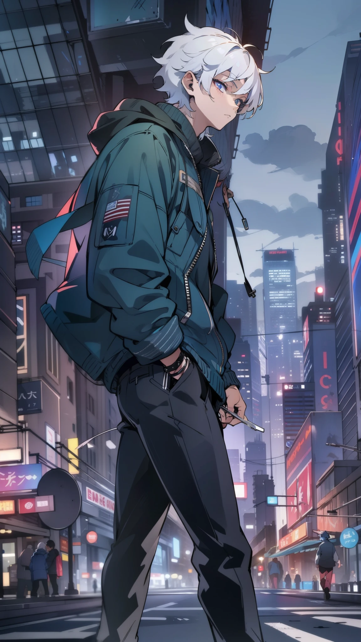 masterpiece, young male, white hair, short hair, messy spikey hair, silver eyes, casual clothing, deep blue tech jacket, black pants, detailed eyes, expressionless, city background