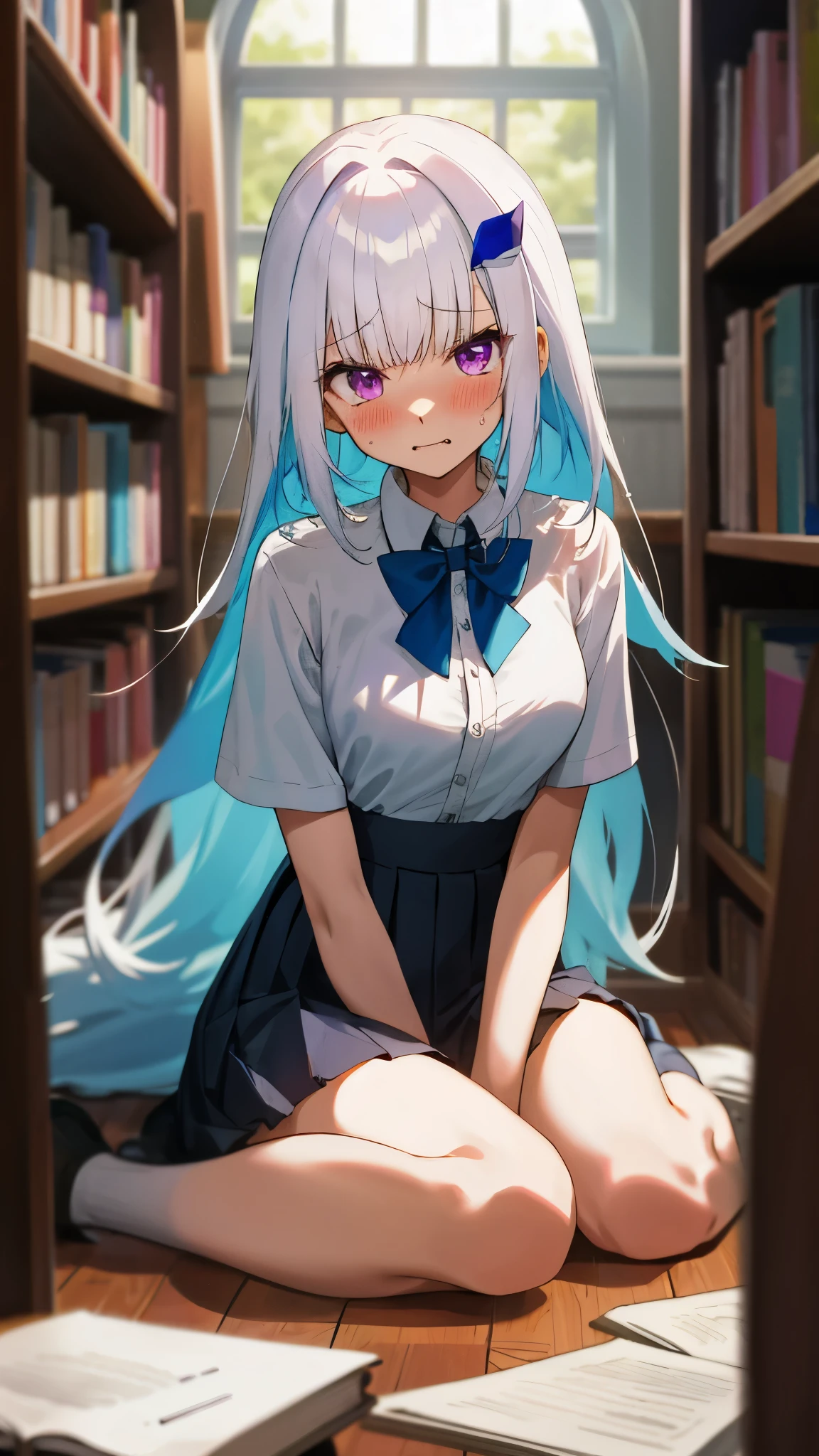 One girl with long hair, bangs, white hair, blue inner hair:1.25) , purple eyes, looking at viewer, blushing, embarrassed, tears, open mouth, indoor, bookshelf, window, in floor, books spreads, spread legs, kneeling pose, sitting, white shirt, bowtie, pleated skirt, short sleeves, bare legs, mid-chest, day atmosphere, hair ornament, medium breasts, focus, blurry background, 