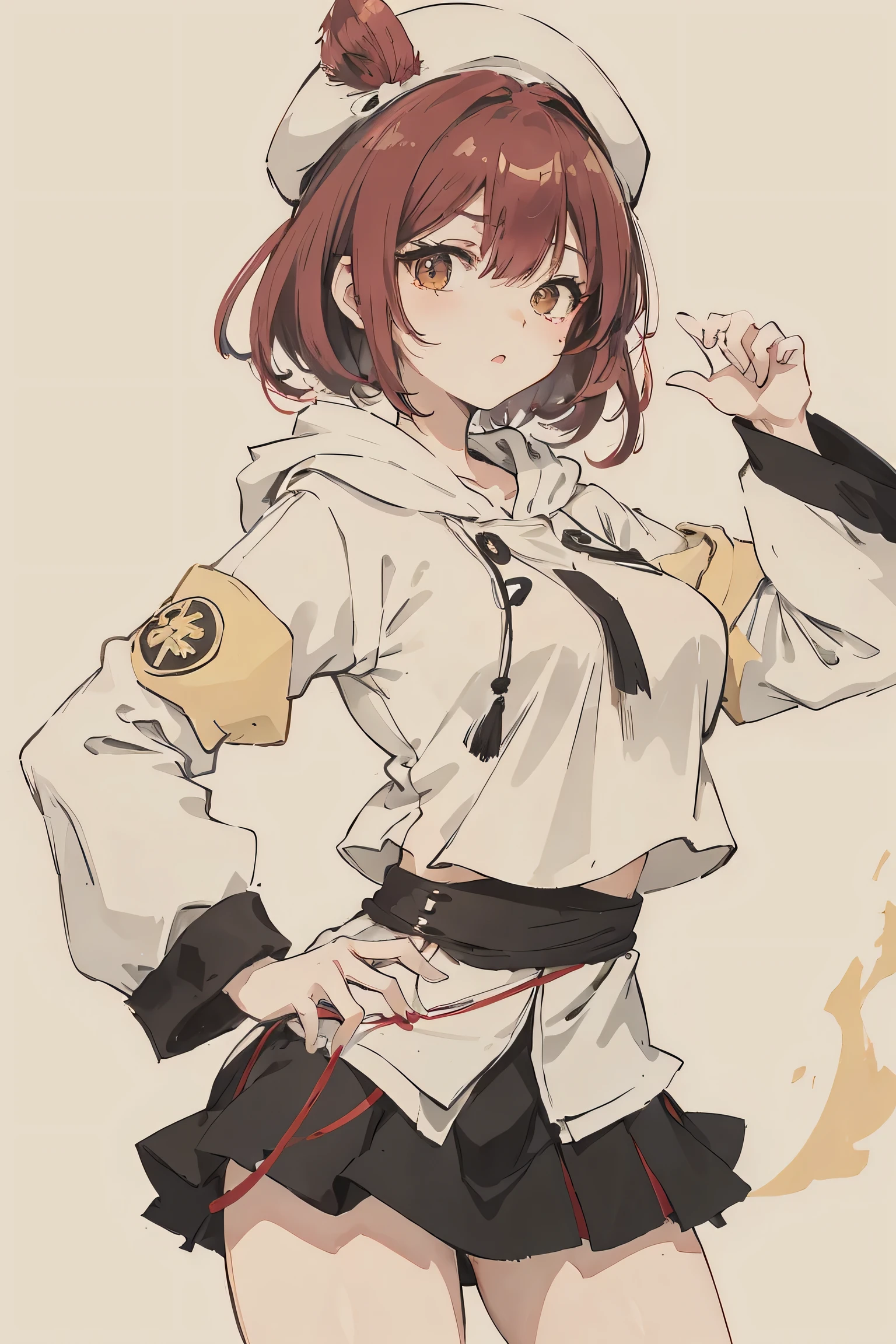 sparrow, a crimson haired girl, wearing a white hoody, short hair, messy hair, black skirt, yellow hoody, slim body, she have a handycam, medium breasts, she close her left eye, shirt ornament, lolippai, white beret, horny expression, beautiful breasts, rounded breasts