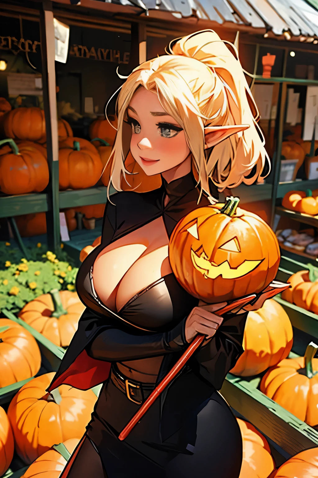 Beautiful elf holding a pumpkin lantern, giga_busty