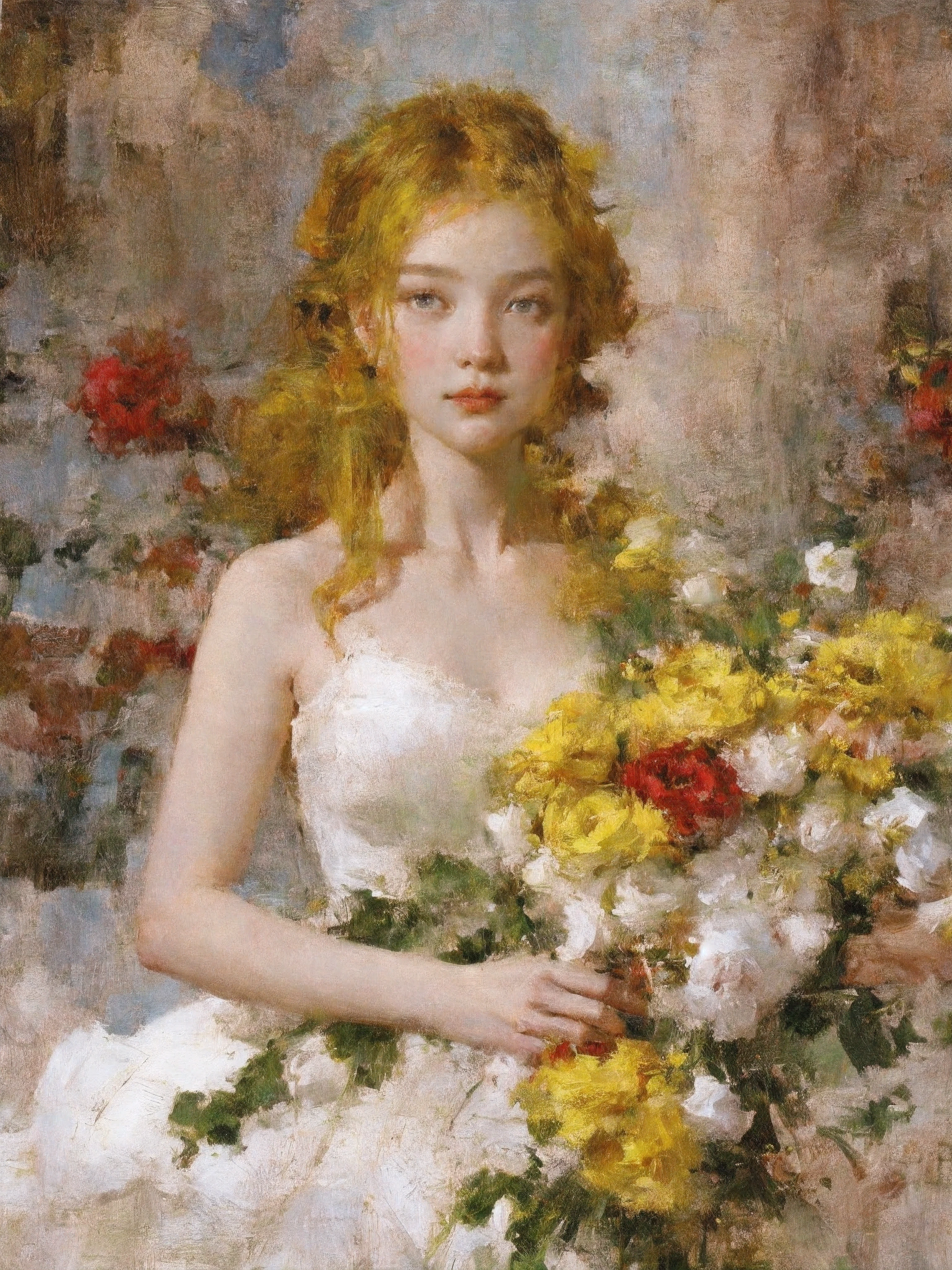 portrait,1 girl,,alone,white dress,holding flower bouquet,very long hair,safflower,yellow hair,Red rose,