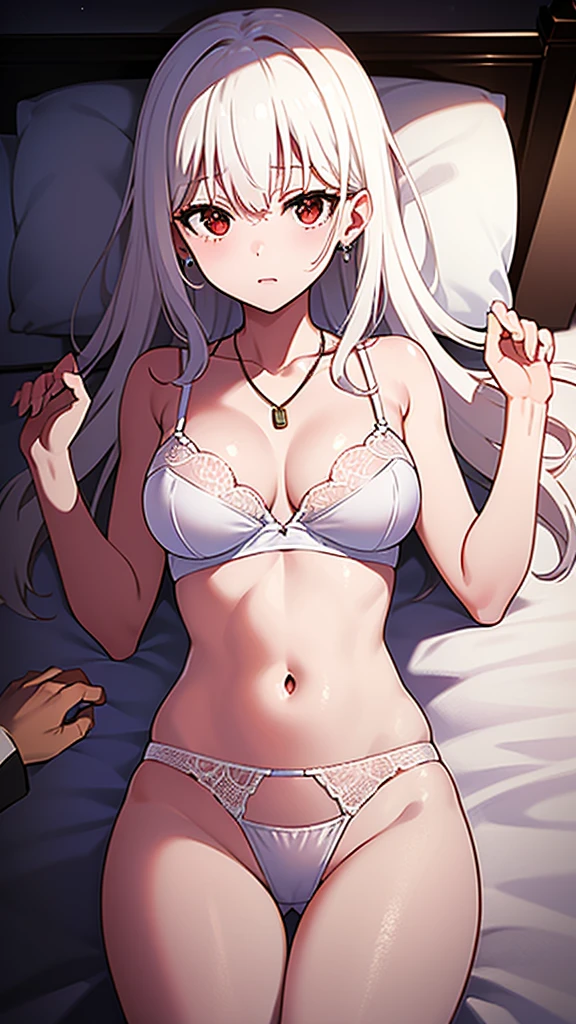 masterpiece, best quality, 1 solo girl, white hair, red eyes, long hair, medium breasts, mature body and face, wavy hair, white bra, white panty, bed, jewellry, pendant, earring, night sky, cowboy shots, detailed body, face, and eyes, sharp focus, vibrant, creative, dynamic, high definition, high resolution, 8k, (Upscale: R-ESRGAN 4x+ Anime6mage enchance:4x), voluptuous body, lying at the bed