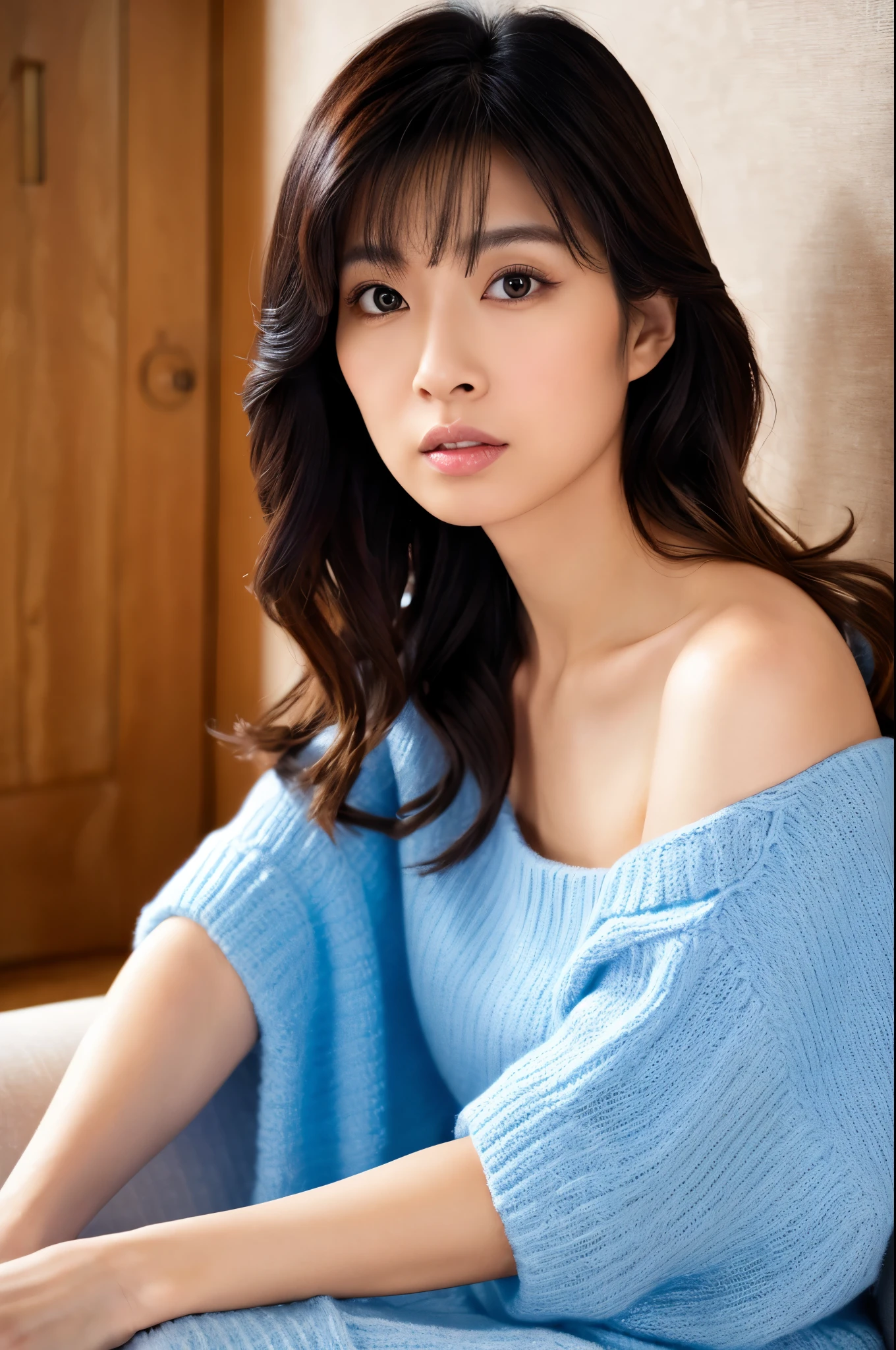 highest quality, masterpiece, High resolution, Photoreal, Raw photo, 8k wallpaper, perfection, professional lighting, very detailed, Depth of bounds written, ((Japan female in her 30s)), Slender, sexy, detailed face, beautiful eyes, bangs, straight hair, faint lips, ((look at the viewer, serious face)), knit dress、sitting on the sofa,