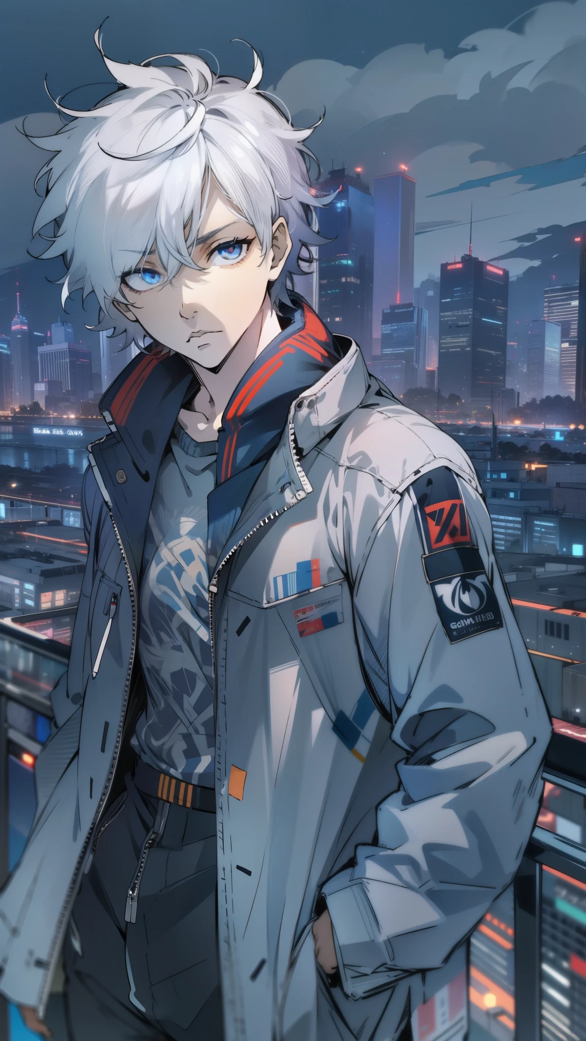 masterpiece, young male, white hair, short hair, messy spikey hair, silver eyes, casual clothing, deep blue tech jacket, black pants, detailed eyes, expressionless, city background