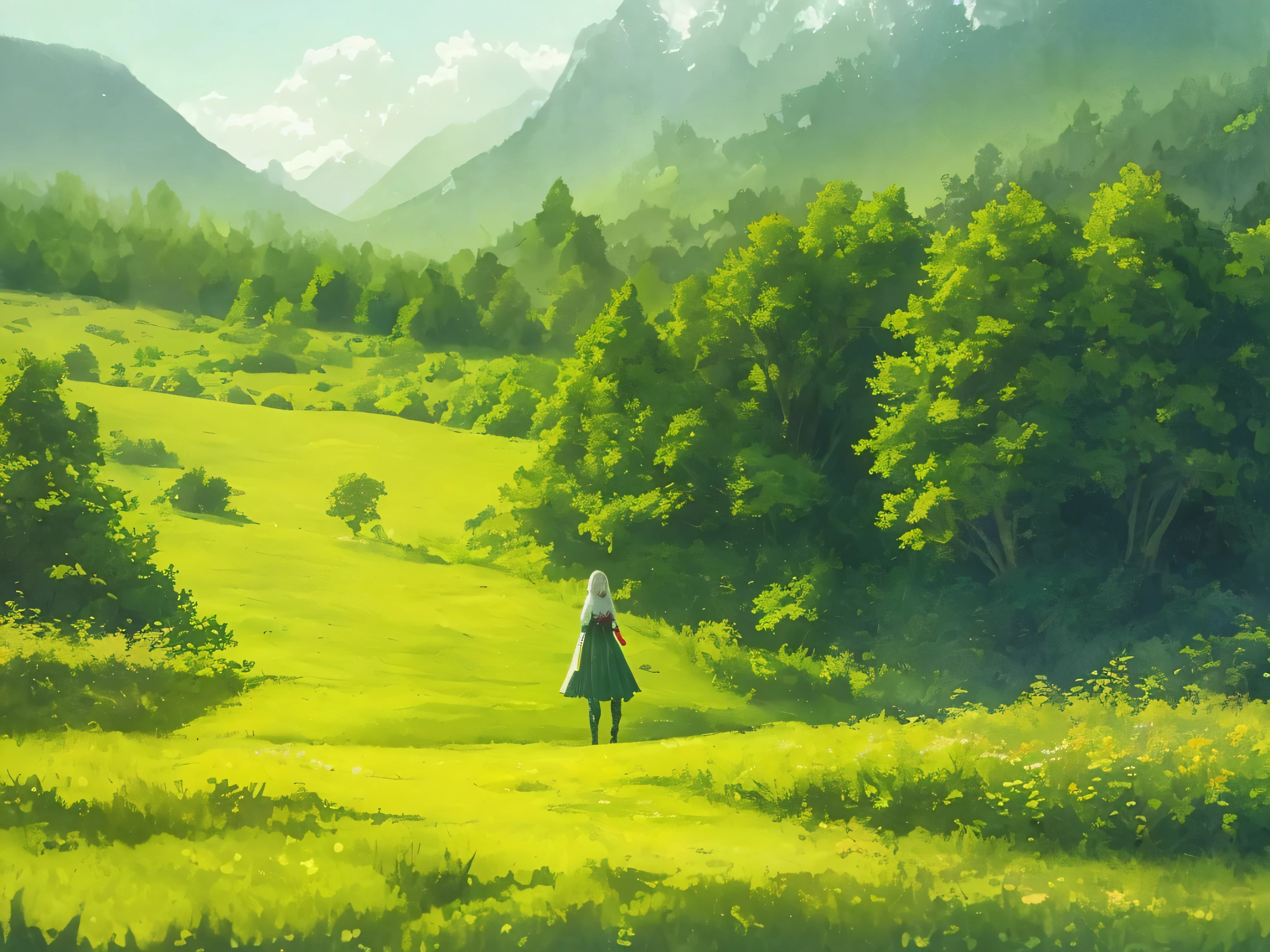 In a green meadow stands a girl leading a group of knights. BREAK With a brave expression, she guides them towards their destination. BREAK Behind her, a green forest stretches out and beyond that, mountains rise in the distance. BREAK The most suitable effect for this scene would be a watercolor painting technique to capture the softness of the meadow and the fluidity of the movement.