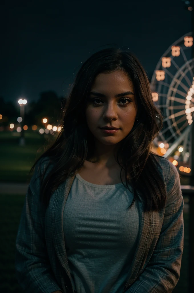 woman standing in front of a (ferris wheel at night), in a city park, with a park in the background, 50mm portrait, atmospheric portrait, young woman, mid shot portrait, wideangle portrait, masterpiece, cinematic lighting, super detail, depth of field