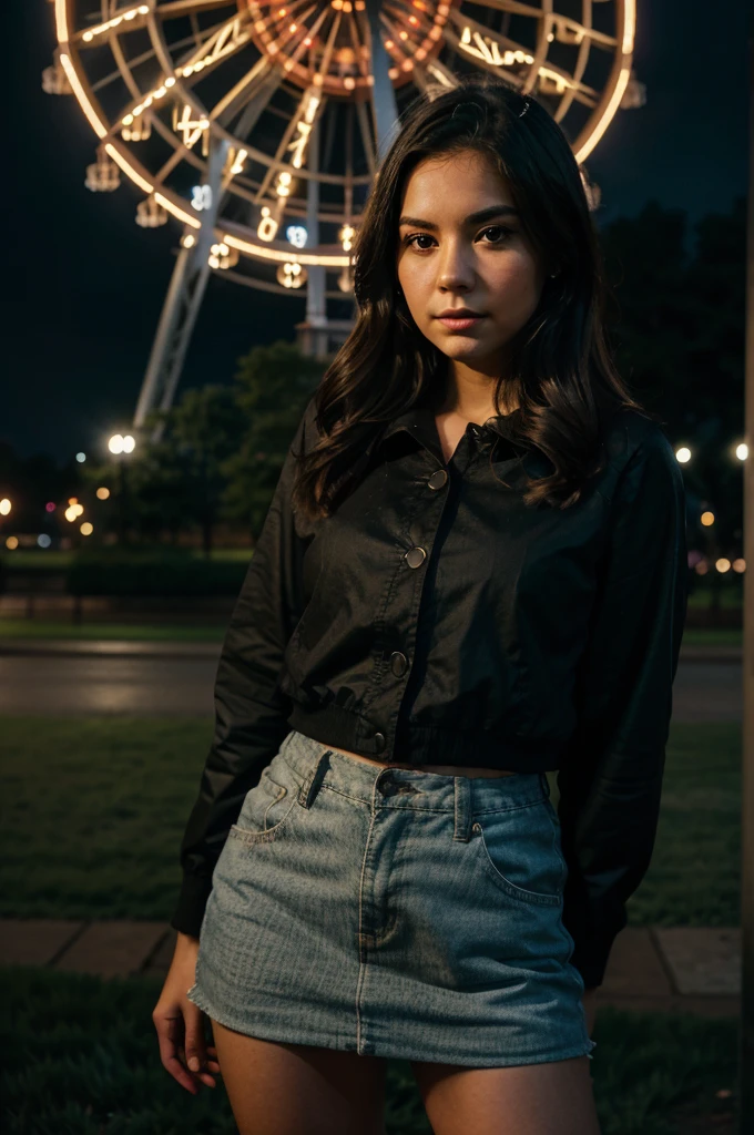 woman standing in front of a (ferris wheel at night), in a city park, with a park in the background, 50mm portrait, atmospheric portrait, young woman, mid shot portrait, wideangle portrait, masterpiece, cinematic lighting, super detail, depth of field