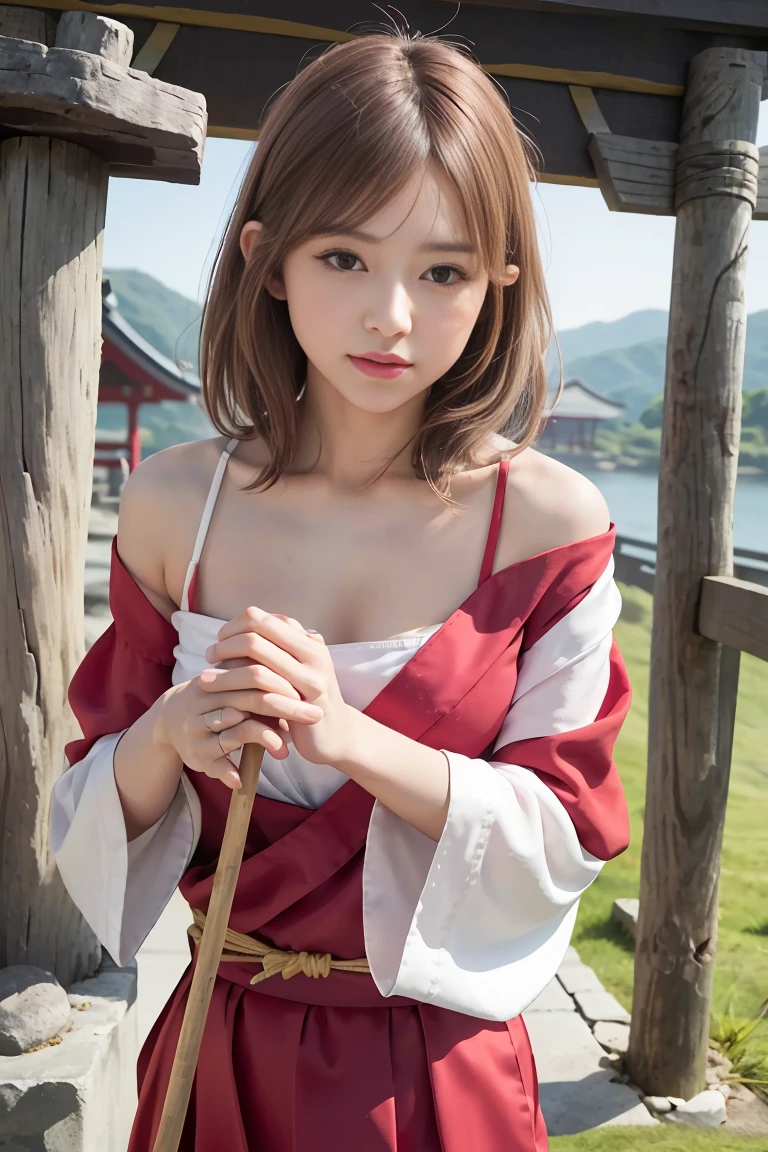 (8K, highest quality, masterpiece:1,2), (realistic, Photoreal:1.37), Super detailed, one girl,), (very detailed), (beautiful detailed eyes), (highest qualityの), (Super detailed ), (masterpiece), (detailed face),20-year-old, ,1 girl, whole body, pink brown hair,short hair, medium breasts, dressed, perfect lighting,  and the focus on the chest, looking at the viewer, excited face, naughty face, Miko (shrine maiden) uniform, shrine maiden, shrine, Japan, new year, cleaning, broom, sunny, torii (Gateway)、off shoulder