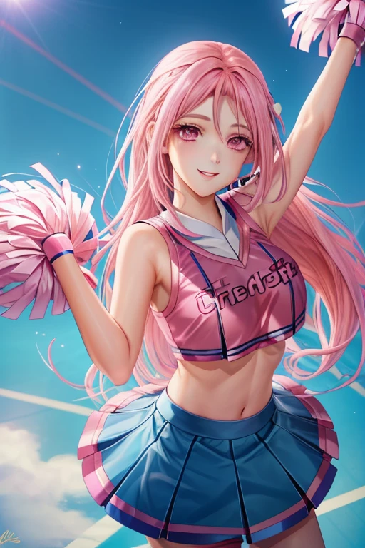 master piece, highest quality, High resolution, super detailed, 1 girl, early , ((Pink hair and pink eyes)), (Cheerleader:1.5), (pom pom:0.8), I'm rooting for you, jump, (best smile), Angle of looking up