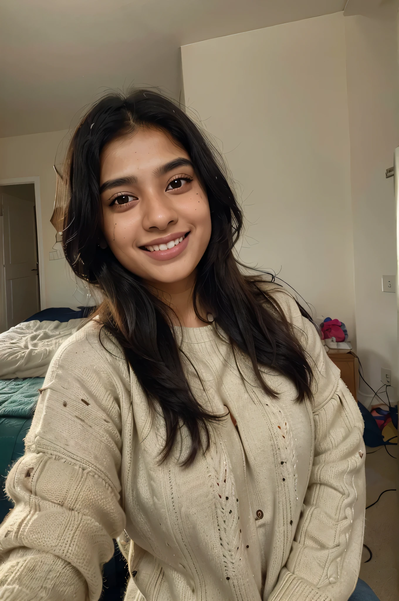 A beautiful Pakistani girl with thick black hair and bright skin, brown eyes and light freckles on cheeks, morning selfie, wearing winter sweater, room view in background, no blur, girl far from camera, mobile clicked selfie, ((laughing)), natural morning daylight, ((sharped background)) vibrant colors.