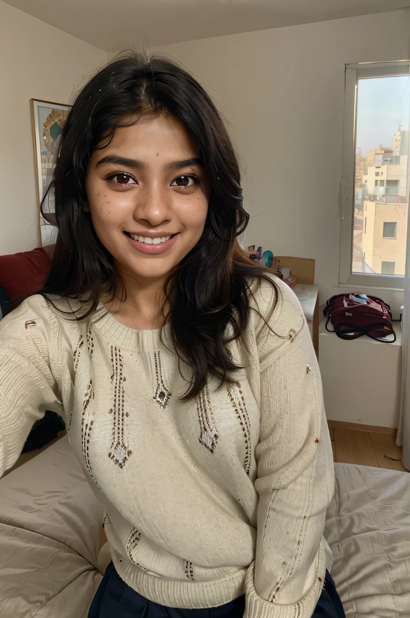 A beautiful Pakistani girl with thick black hair and bright skin, brown eyes and light freckles on cheeks, morning selfie, wearing winter sweater, room view in background, no blur, girl far from camera, mobile clicked selfie, ((laughing)), natural morning daylight, ((sharped background)) vibrant colors.