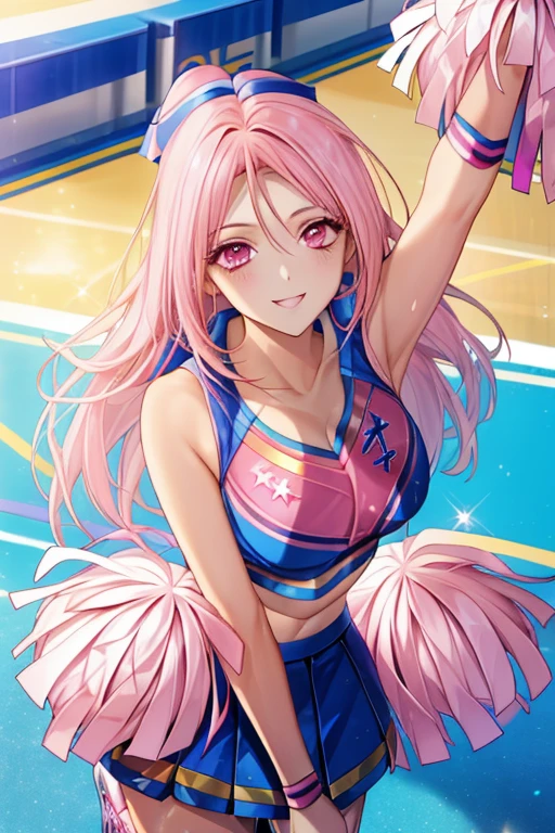 master piece, highest quality, High resolution, super detailed, 1 girl, early , ((Pink hair and pink eyes)), (Cheerleader:1.5), (pom pom:0.8), I'm rooting for you, jump, (best smile), Angle of looking up、big breasts