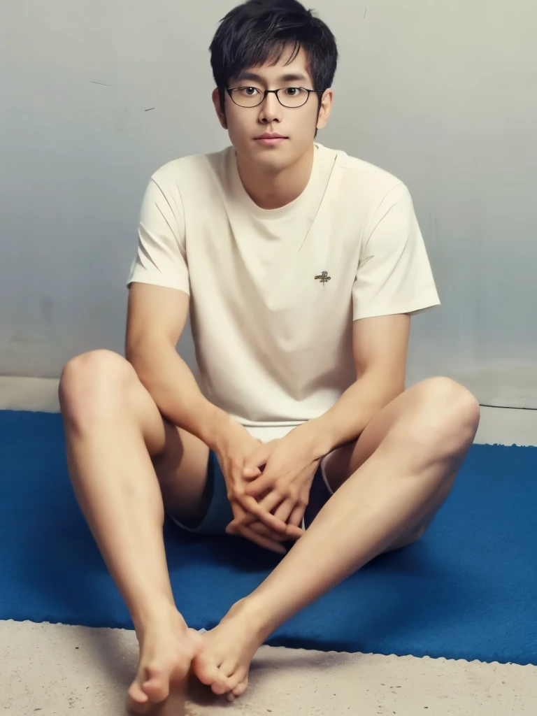 Hairy legs Track and field athlete Full body photo Wearing shorts Wearing a plain T-shirt Bare feet Toned legs Japanese 27 year old male Long legs Short hair Black hair Two blocks Black rimmed glasses