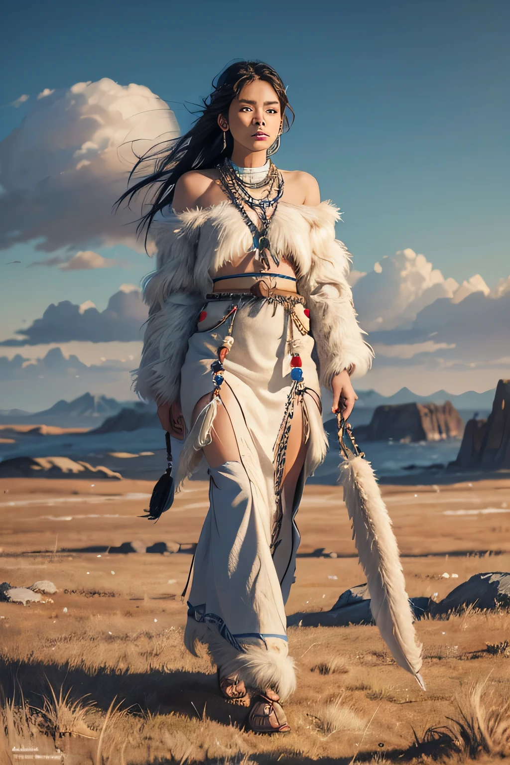 Full length illustration of an Inuit woman, young, 18 years, Beautiful, Native American phenotype, wear Stone Age clothes made from natural fabrics, such as linen., Cotton, or fur, feathered, beads and shells, parking on the steppe-tundra landscape, watercolor, dark and depressive ambient, works by Tom Bjorklund