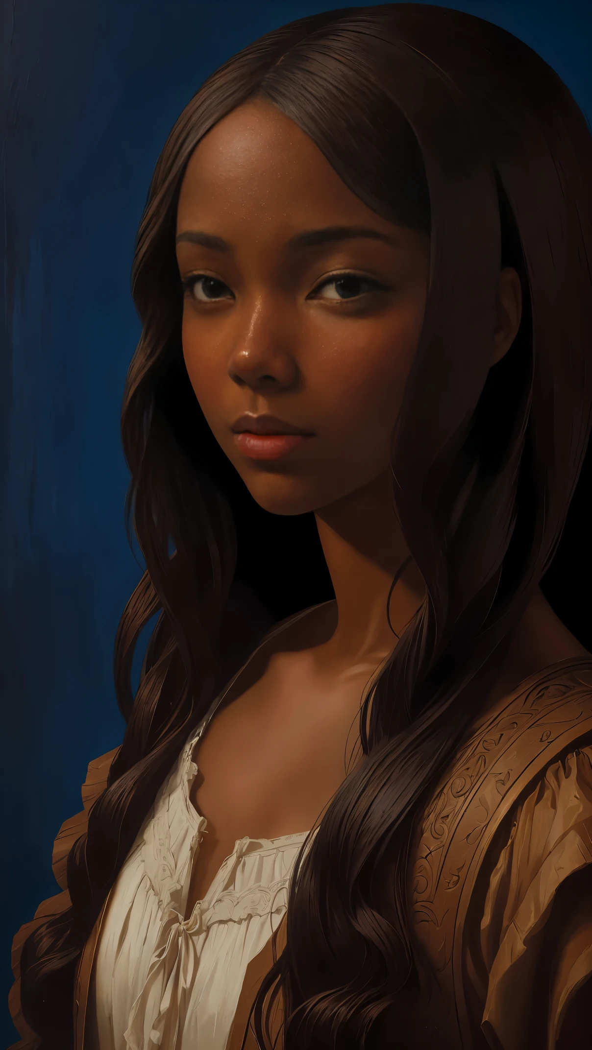 oil painting by Leonardo da Vinci, realistic portrait, closeup face of Gabrielle Union with dark skin, ebony nose, long hair, her eyes are sweet and vibrant, her face symmetrical, rich coffee brown skin, softly lit luminosity on the face by REMBRADT, sitting position, Adobe Illustration, Trending on Artstation, 8K, hd, cinematic, masterpiece, magnificent art, best quality, romanticism Renaissance period, oil on canvas, rich blue background, matte finish 