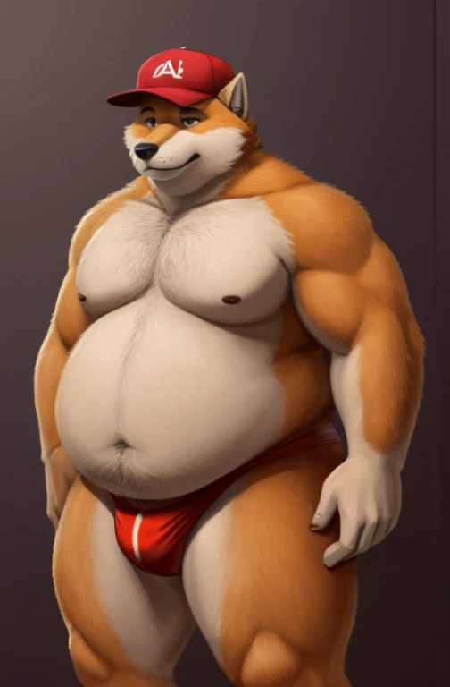 A fat, overweight, chubby, beer belly, (overweight: 1.8), hairy, 40-year-old Anthropomorphic Fox with a overweight build wearing a baseball cap and a speedo, orange fur, ruffled fur, tuft, topless, hairy armpits, gigadad, daddy, himbo, sexy