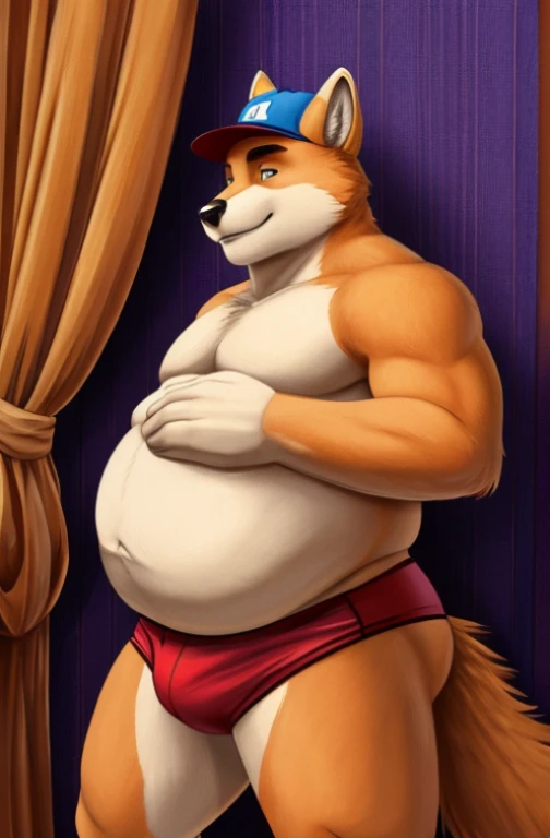 A fat, overweight, chubby, beer belly, (overweight: 1.8), hairy, 40-year-old Anthropomorphic Fox with a overweight build wearing a baseball cap and a speedo, orange fur, ruffled fur, tuft, topless, hairy armpits, gigadad, daddy, himbo, sexy