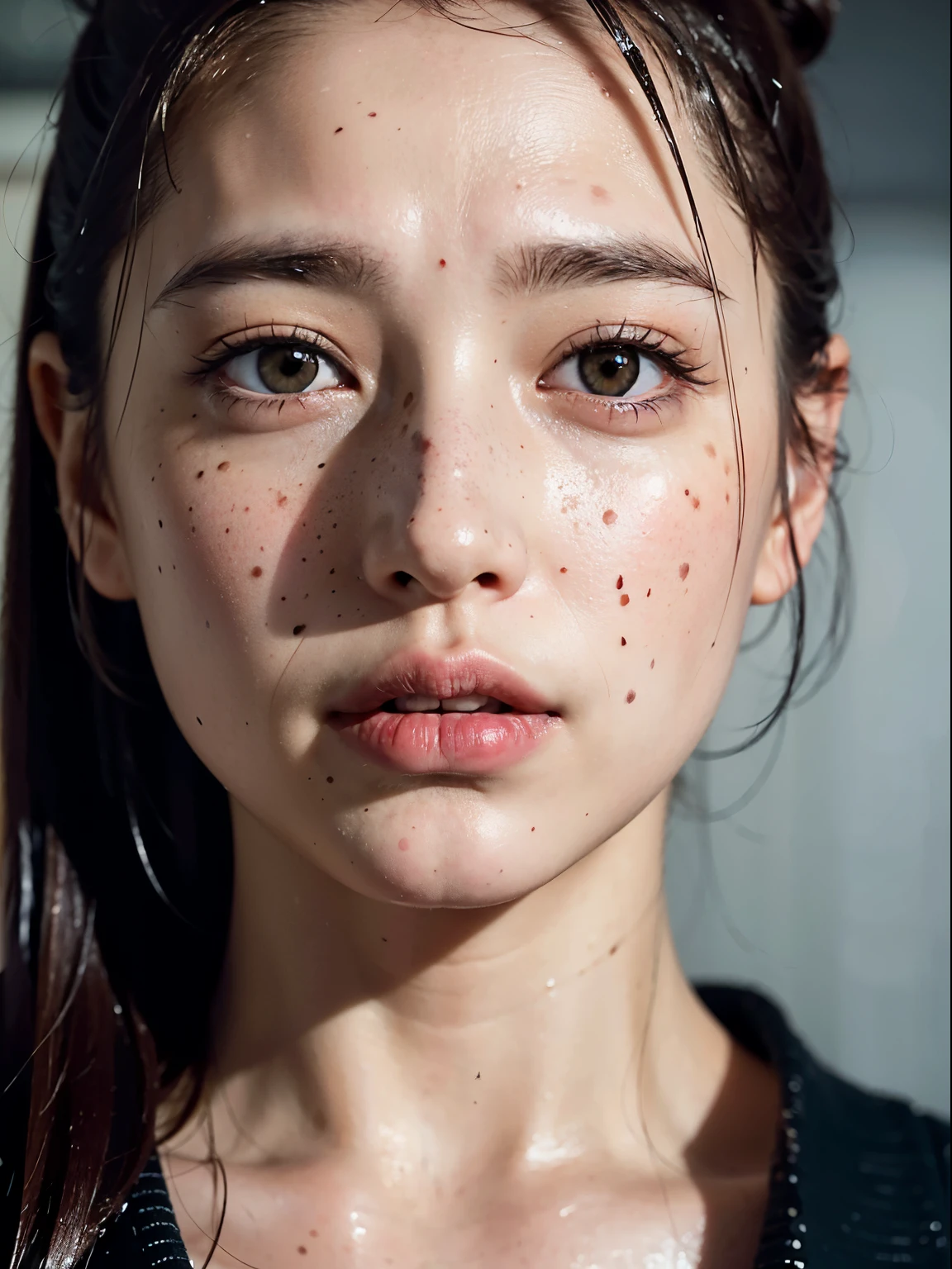 close-up HD realistic portrait of a tired exhausted grimy 35-year old woman talking to the camera while being drenched in the rain, extremely realistic freckled skin texture, thin freckled lips, dripping (dark) hair in a high ponytail