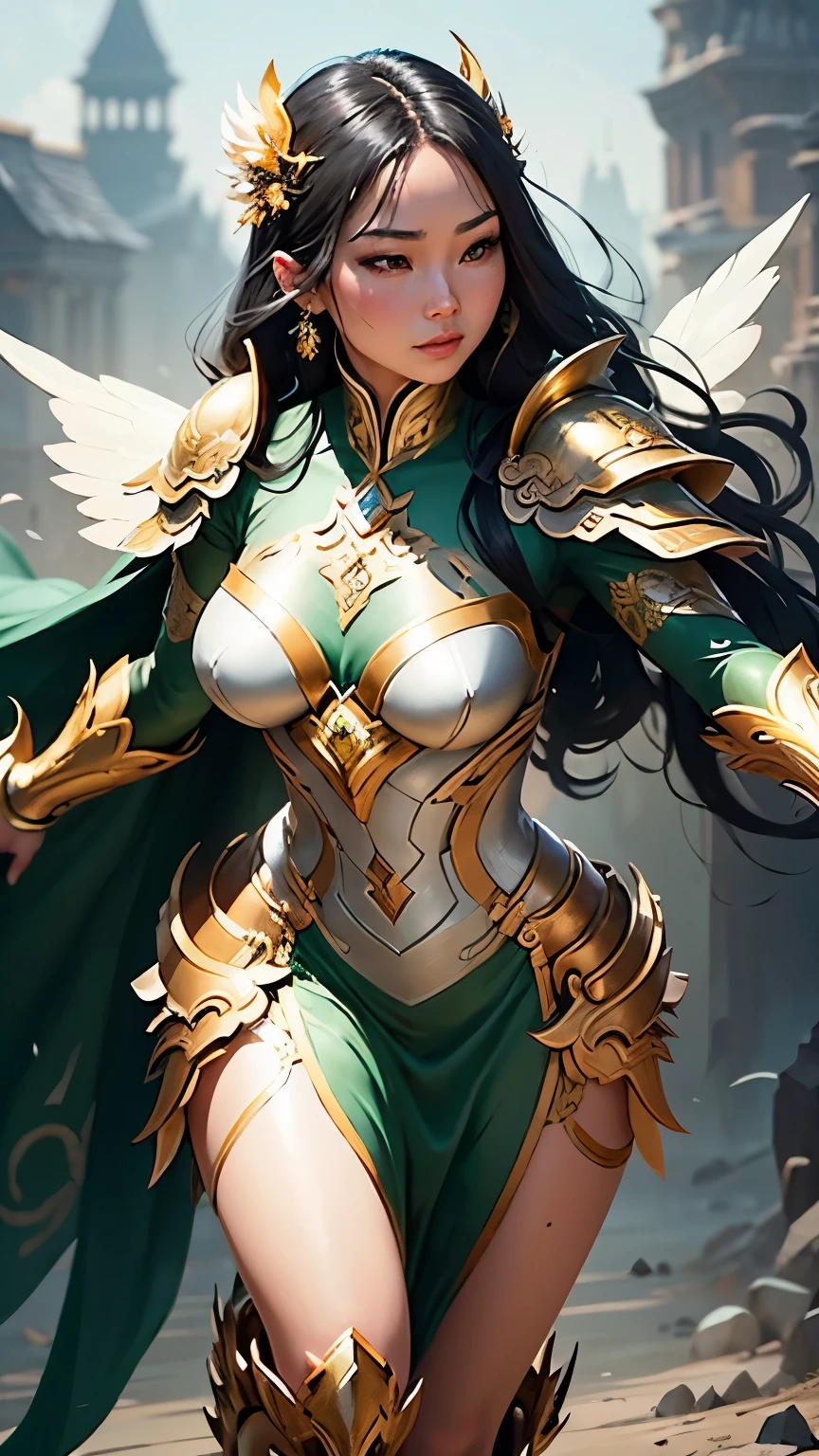 a close up of a woman in a silver and gold green dress, flying, full body, chengwei pan on artstation, by Yang J, detailed fantasy art, stunning character art, fanart best artstation, epic exquisite character art, beautiful armor, extremely detailed artgerm, detailed digital anime art, artgerm on artstation pixiv, armor girl