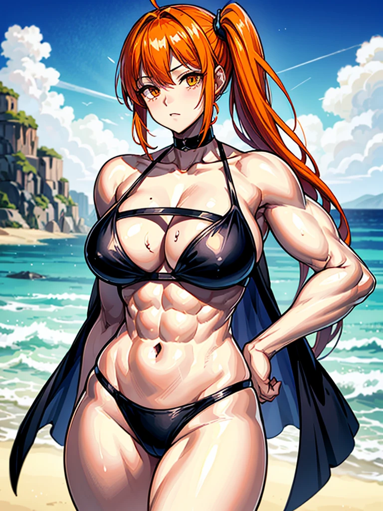 （（（masterpiece、Highest image quality、highest quality、highly detailed unity 8ｋwallpaper）））、（（Illustration of one girl））、（（（beautiful girl）））、（（orange hair、side ponytail、sidelocks：1.4、orange eyes））、（（（stocky build：1.5, thickset physique：1.6, muscular legs, broad shoulders：1.6, solid chest：1.5）））、swimsuit、sandy beach