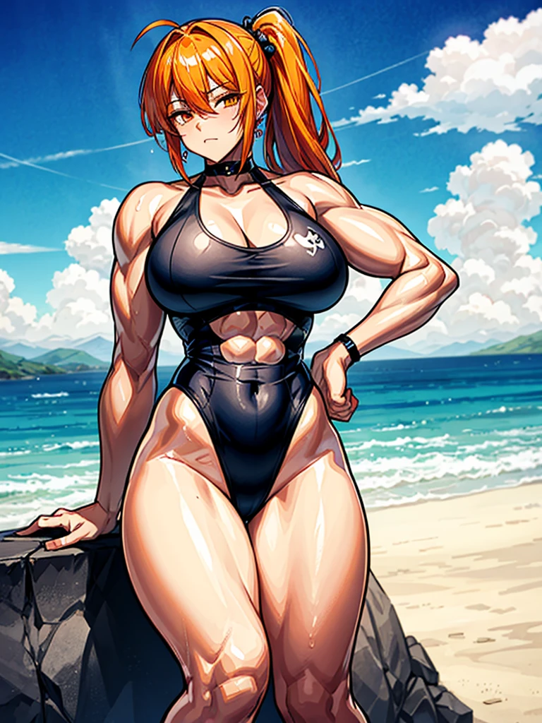 （（（masterpiece、Highest image quality、highest quality、highly detailed unity 8ｋwallpaper）））、（（Illustration of one girl））、（（（beautiful girl）））、（（orange hair、side ponytail、sidelocks：1.4、orange eyes））、（（（stocky build：1.5, thickset physique：1.6, muscular legs, broad shoulders：1.6, solid chest：1.5）））、swimsuit、sandy beach