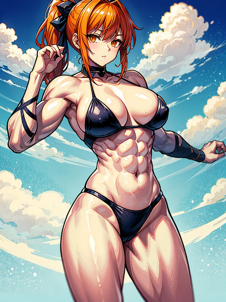 （（（masterpiece、Highest image quality、highest quality、highly detailed unity 8ｋwallpaper）））、（（Illustration of one girl））、（（（beautiful girl）））、（（orange hair、side ponytail、sidelocks：1.4、orange eyes））、（（（stocky build：1.5, thickset physique：1.6, muscular legs, broad shoulders：1.6, solid chest：1.5）））、swimsuit、sandy beach