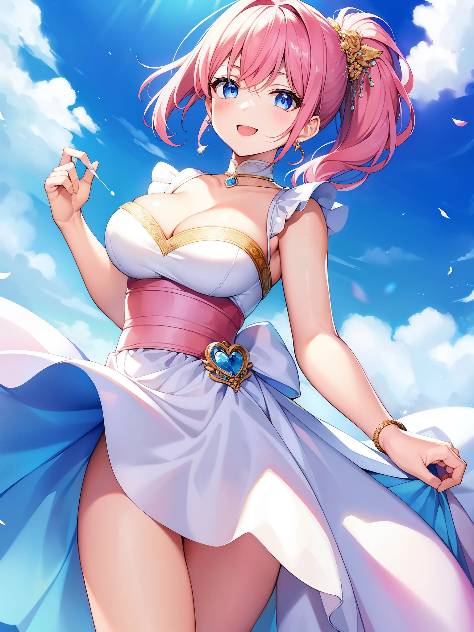 (masterpiece、highest quality: 1.1)、merchant (dq3)、1 girl、solo、short hair、ponytail、pink hair、blue eyes、big breasts、cleavage、white dress、strapless dresses、Sash、white pants、gem、earrings、smile