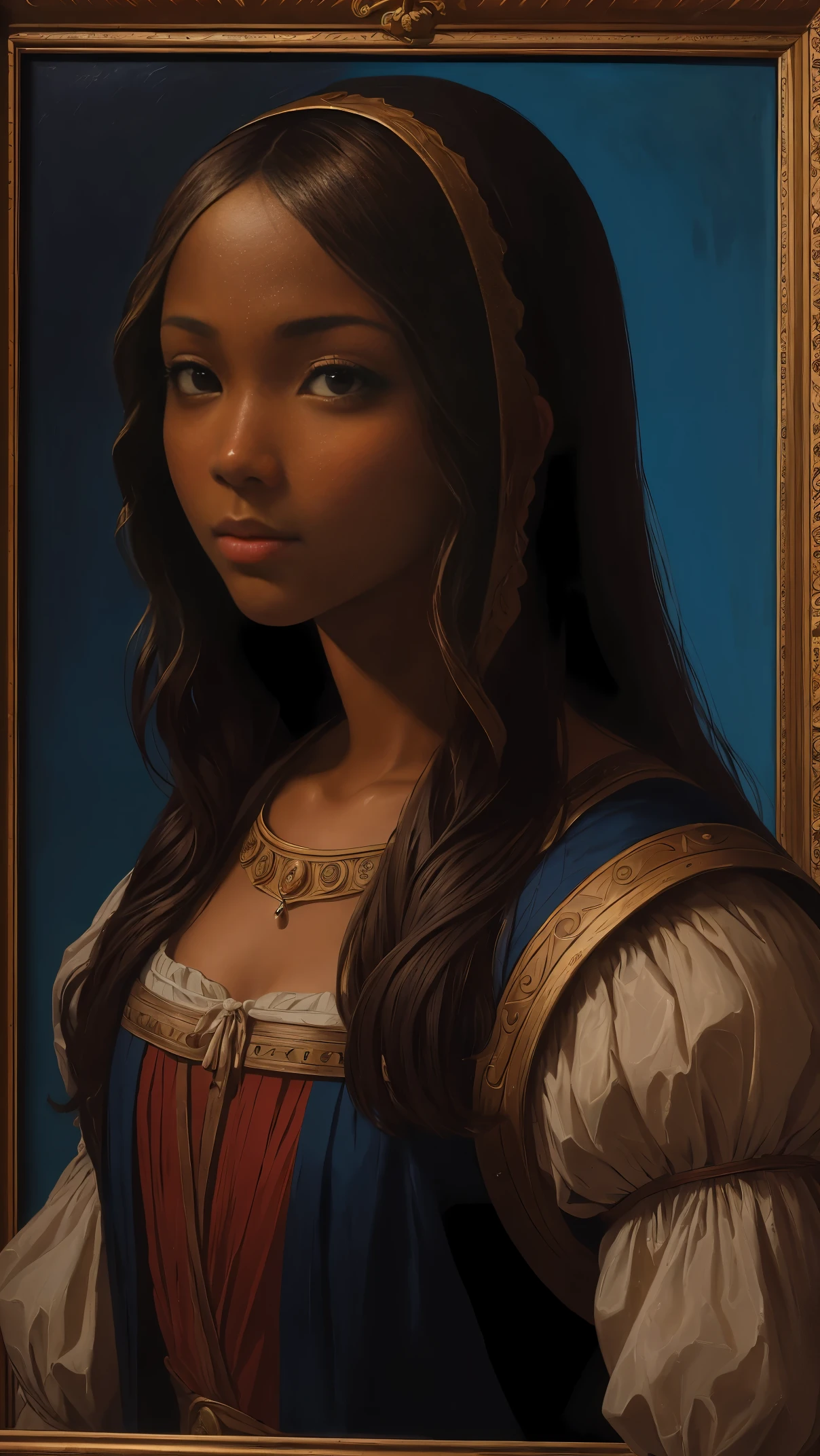 oil painting by Leonardo da Vinci, realistic portrait, closeup face of Gabrielle Union with dark skin, ebony nose, long hair, her eyes are sweet and vibrant, her face symmetrical, rich coffee brown skin, softly lit luminosity on the face by REMBRADT, sitting position, Adobe Illustration, Trending on Artstation, 8K, hd, cinematic, masterpiece, magnificent art, best quality, romanticism Renaissance period, oil on canvas, rich blue background, matte finish 