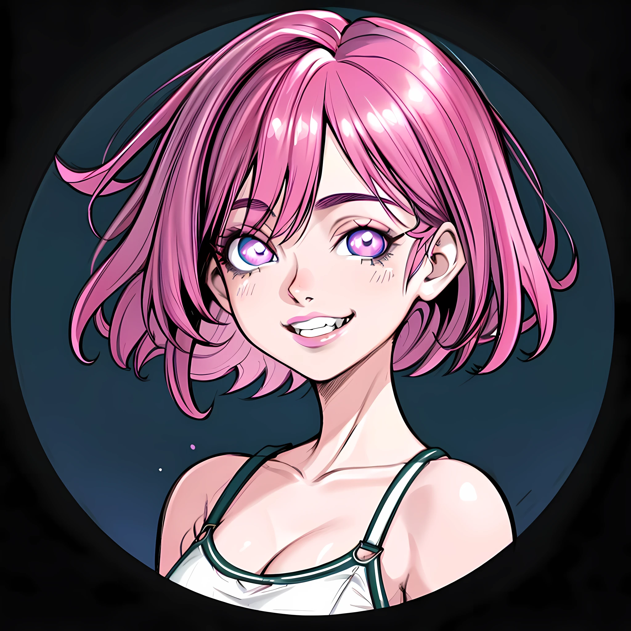 bela garota jovem, cabelo curto rosa , um grande sorriso sexy no rosto, voando ao vento, olhos rosas penetrantes, vestindo uma moletom ,plano de fundo branco, melhor qualidade