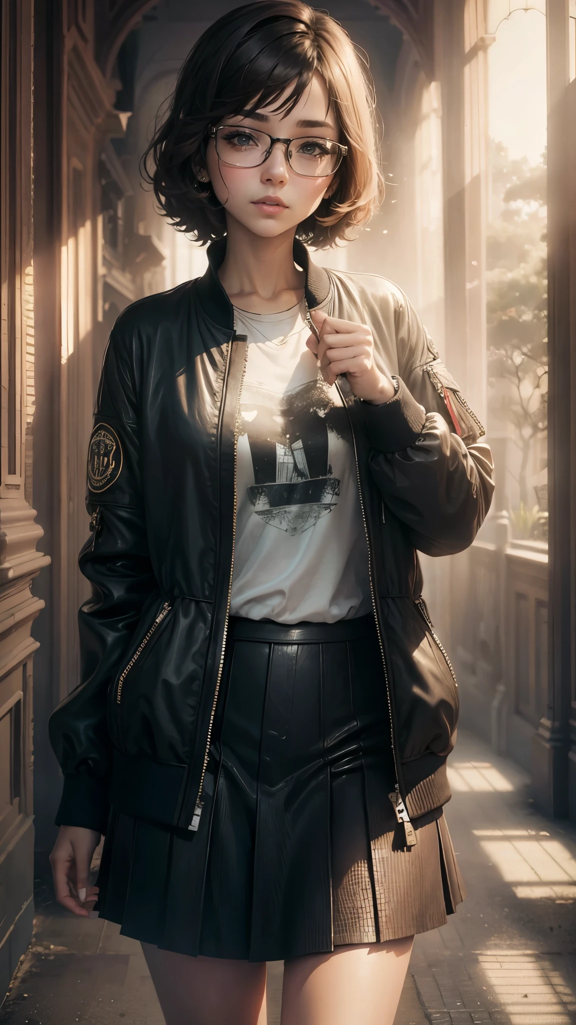 1 girl, short hairs, brunette, bomber jacket , padded, looking at viewer, front view, skirt, glasses