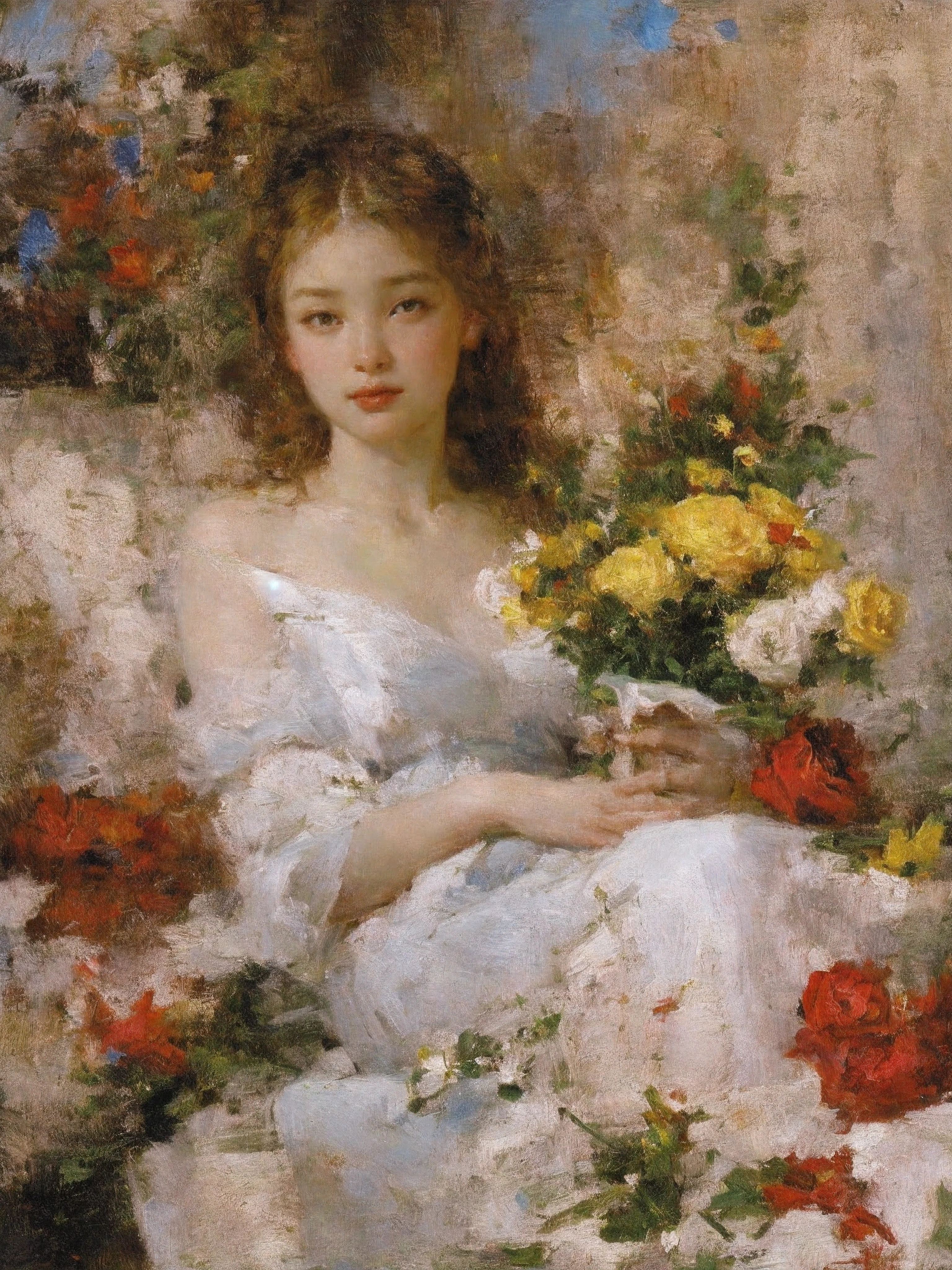 portrait,1 girl,,alone,white dress,holding flower bouquet,very long hair,safflower,yellow hair,Red rose,painting