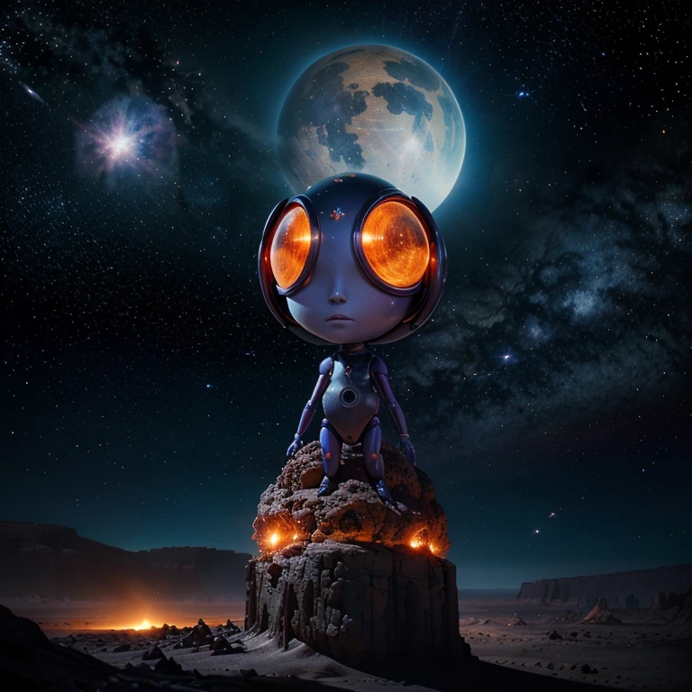 Universe, alien-planet, red-orange rocks and violett plants, in sky a blue planer and exploding stars, a alien with big eyes look at this, epic, colorful,  bright, saturated, 