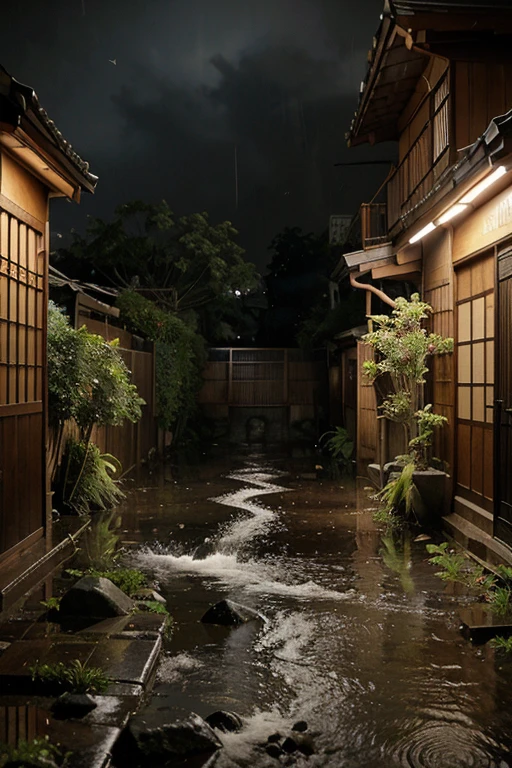 Calle urbana japonesa junto a un arroyo de agua, lluvia, Lloviendo, Fuertes lluvias, Wet, Charcos, Dramatic rain, Dramatic rain, fuertes lluvias, Mucha lluvia, overgrown vegetation, Noche, oscuro, Noche, casa iluminando los alrededores con linterna, linterna tradicional japonesa, (Nadie: 1), No hay nadie a la vista, sin personas, La mejor calidad, anime, Anime style, NULO, calma,maria ozawa,windows,in the room, night, minimum light, heavy rain in the outside,