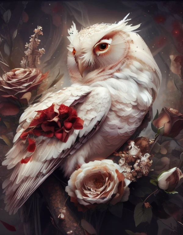 painting of a white owl sitting on a branch with red roses, glowing white owl, radiant owl, detailed beautiful animals, glowing owl, beautiful digital artwork, 8k high quality detailed art, beautiful digital art, beautiful and elegant, beautiful gorgeous digital art, high detailed), beautiful art, highly detailed digital artwork, beautiful animal pearl queen, 4k highly detailed digital art