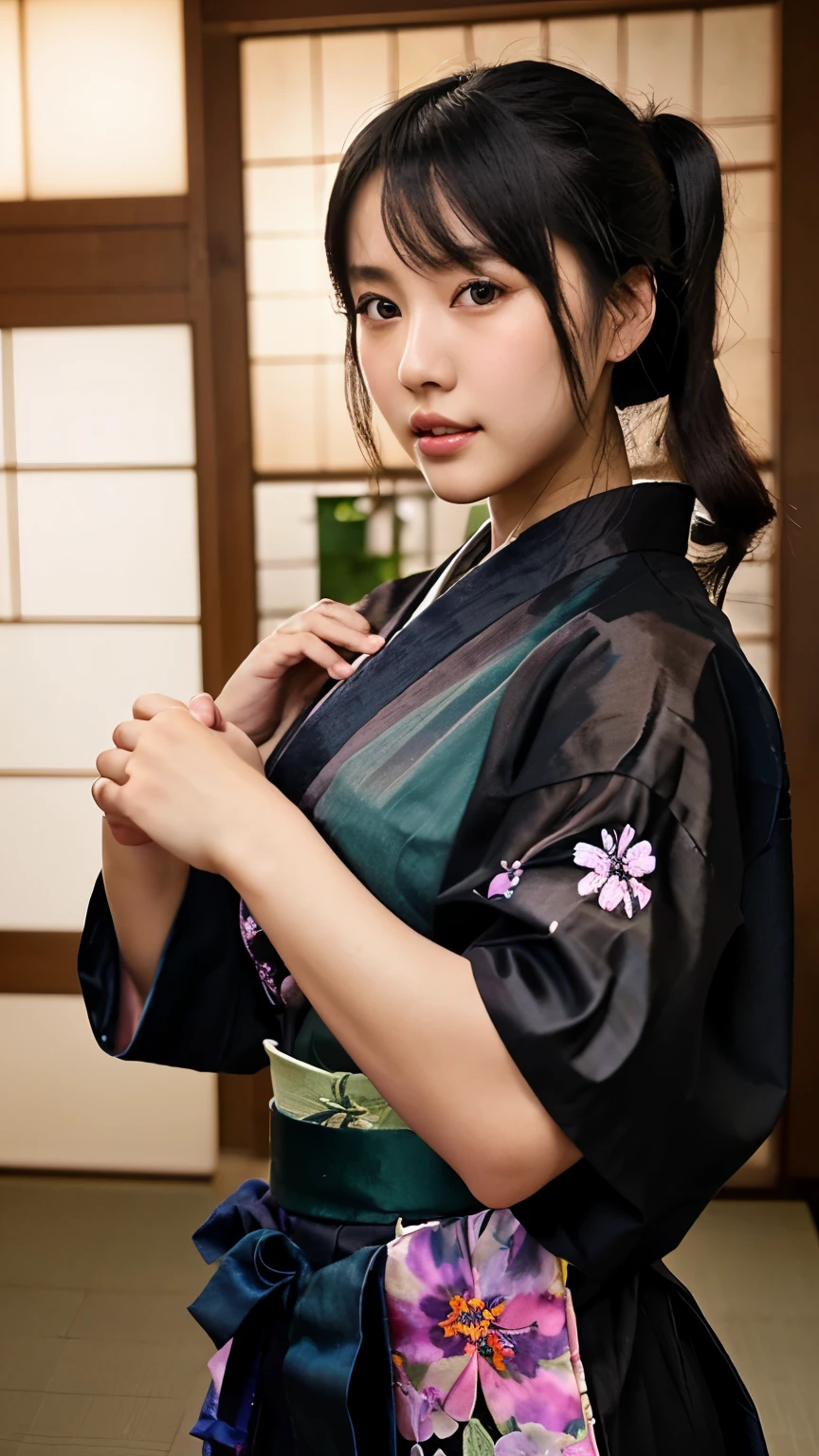 NSFW、最high quality、high quality、best image quality、8K、最High resolution、High resolution、最high quality、masterpiece、RAW photo、realistic atmosphere、(detailed face)、(fine hands、thumb1reference4)、(beauty of japan )、very nice face、cute face、((beautiful japanese girl))、(japanese woman), ((18 year old beautiful girl))、(glossy black hair)、(straight long hair)、(ponytail)、whole body、slim style、(shiny skin)、(Fair skin, Glossy skin)、real human skin、realistic human body structure、perfect body, perfect face, perfect hands, perfect fingers, perfect lips, perfect eyes,perfect teeth、perfect background, perfect atmosphere, natural soft light、photon mapping、samurai kimono、maiko kimono、servant、geisha kimono、japanese kimono、japanese traditional、In front of a samurai residence in Japan、((Sheer transparent random color(floral samurai kimono、side slit hakama))、((Random pose with movement))、((Angles from random angles))