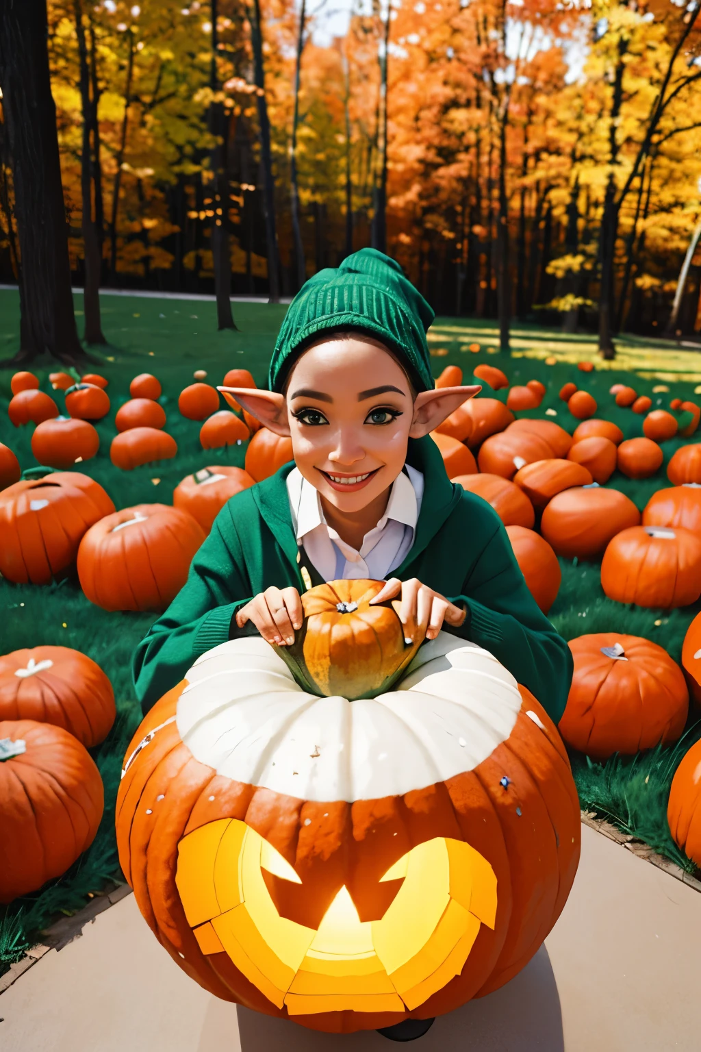 Beautiful elf holding a pumpkin lantern, giga_busty