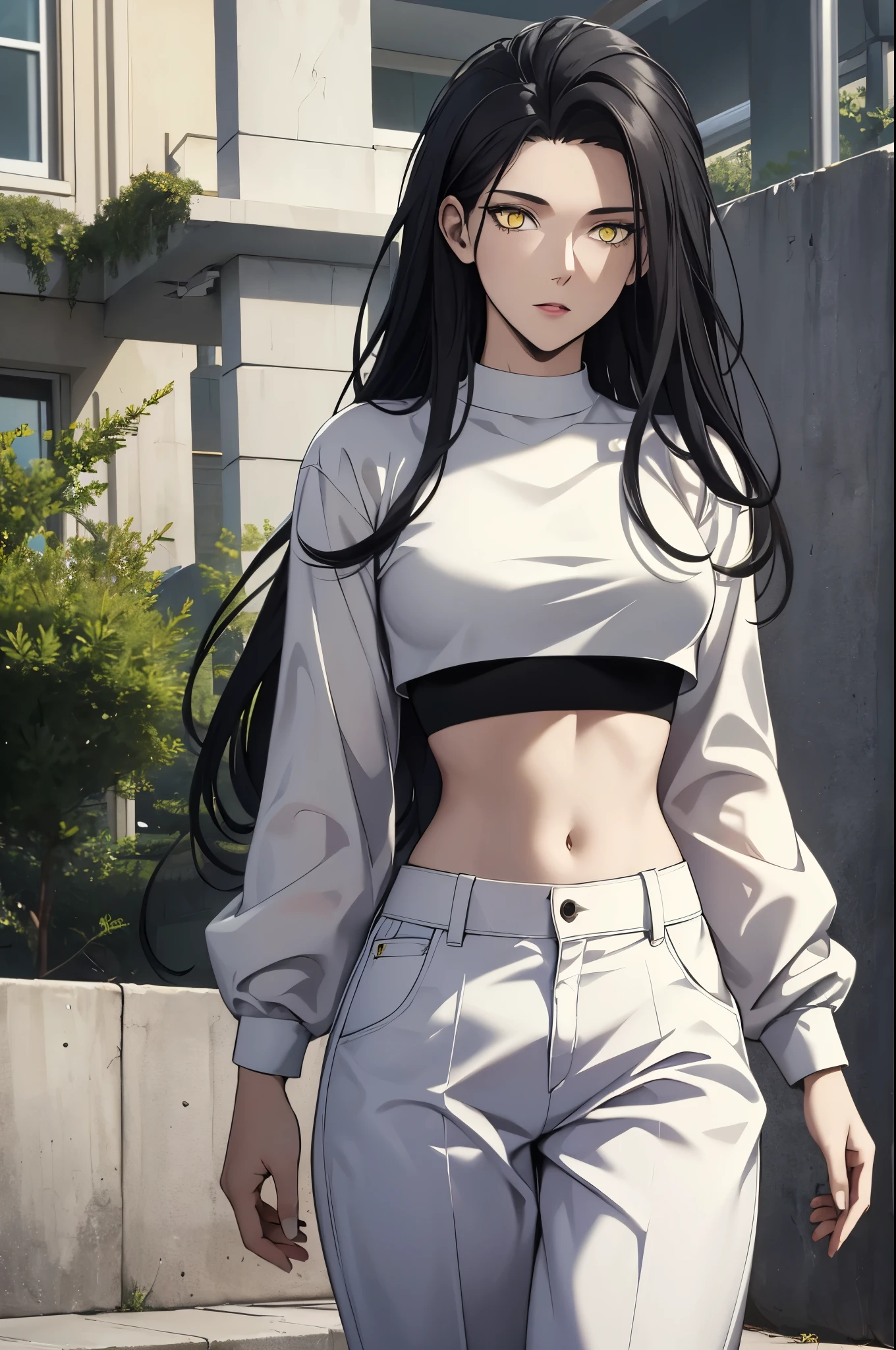 black hair,yellow eyes,masterpiece, best quality, high quality, highres, outdoors, looking at viewer, white shirt, crop top, midriff, navel, white pants, Jenny, tall female,
