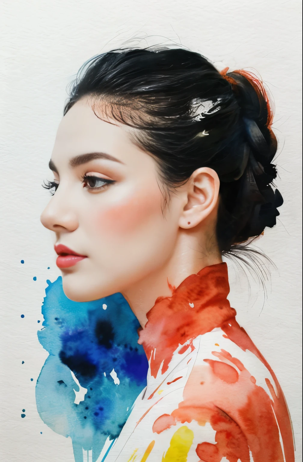 painting of a woman with a black and white face, Sylvia Pelissero watercolors, tumbler, abstract art, Intense watercolor painting, watercolor detailed art, Watercolor Splash, surreal, Avant-garde pop art, Beautiful and expressive paintings, Beautiful artwork illustration, very colorful tones, wonderful, cool beauty, highest quality,official art, women only, sharp outline, best shot, vector art, Written by Sandra Chevrier, Dave McKean、by Richard Avedon、Written by Makiezi Kusiala