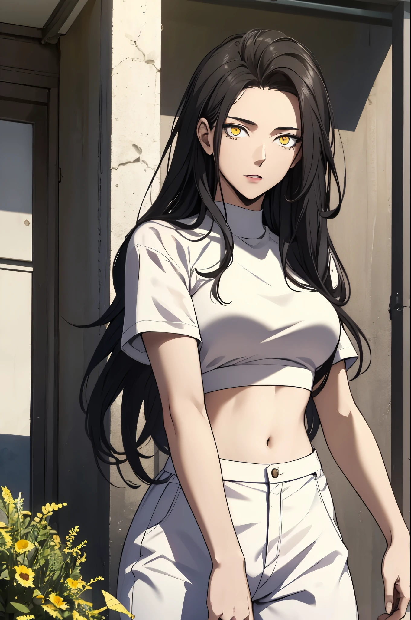 black hair,yellow eyes,masterpiece, best quality, high quality, highres, outdoors, looking at viewer, white shirt, crop top, midriff, navel, white pants, Jenny, tall female,
