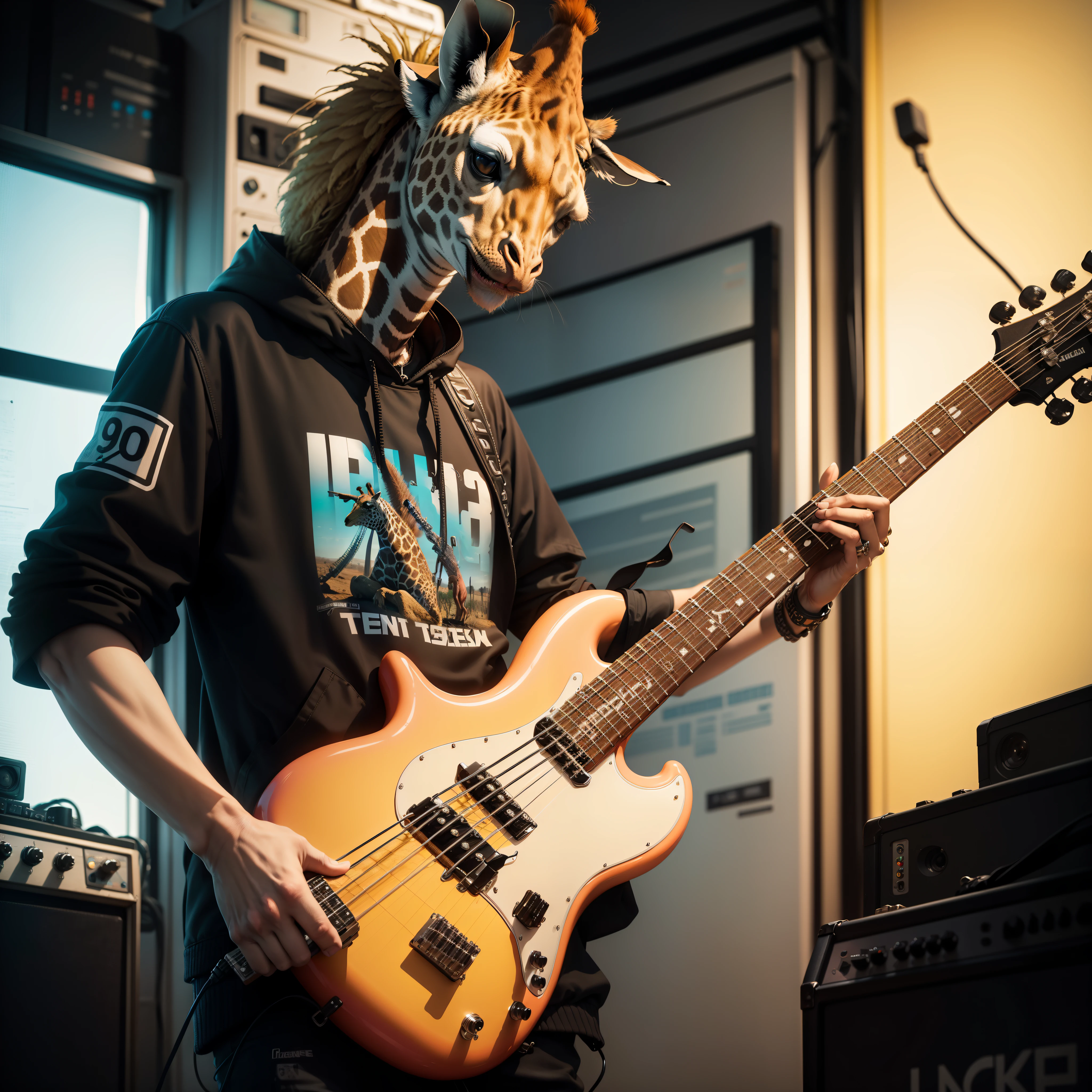 Giraffe plays a bass guitar dressed like a 90's punk rocker,inspired Chris Lovelouy, inspired Mike Winckelmann, Chris Lovelouy, Mike Winckelmann, Beeple style, Photo Alexei Gurilev, Beeple and jean giraud, Beeple. hyper realism, Photo Alexei Krylev