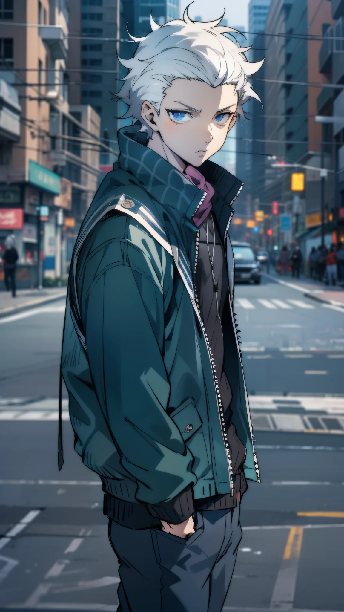 masterpiece, young male, white hair, short hair, messy spikey hair, silver eyes, casual clothing, deep blue tech jacket, black pants, detailed eyes, expressionless, city background