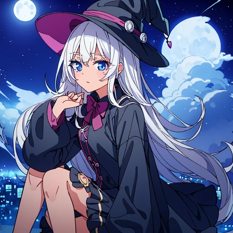 witch，girl，white hair，cute，pure，Moonlight night