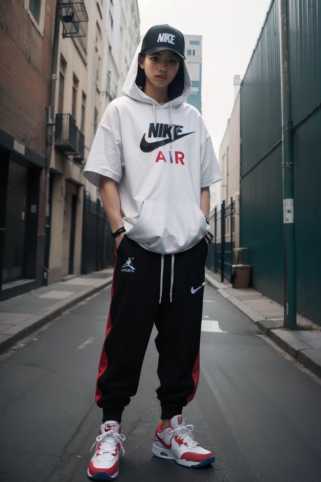 ((best quality)), ((masterpiece)), (detailed), 1 perfect face, amazing, Hooded T-shirt, hip hop pants, Standing with the left side visible, I have my left hand in my pocket.,Nike Air Jordan Basketball Shoes,ROW,8000, The background is a street with graffiti