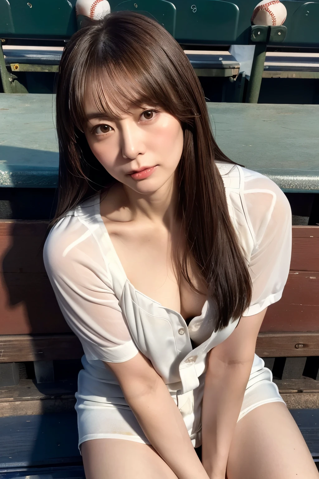 (8k, RAW Photo, Best Picture Quality, Masterpiece:1.4), (Realistic, Photorealistic:1.3), Natural, Ultra High Quality, Super Detail, Sharp Focus, Bokeh, Glossy, Depth of Field, BREAK 1 woman, Japanese, milf, (50yo:1.5),long hair, (light brown hair:1.2), black eyes,T-shirt,looking away,
BREAK
(down blouse:1.4), ((nipples, nsfw):0.4), (small breasts:1.1), (woman sitting in bleachers at baseball stadium:1.5), (top view:1.4), (baseball stadium spectator seat:1.2), (perfect anatomy:1.2) BREAK